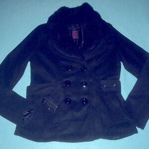 NEW LOOK wool double breasted, belted, removable faux fur collar black size S